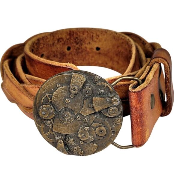 Bergamot Brass Works Vintage 70s Steampunk Buckle Braided Leather‎ Belt 44inches - Picture 1 of 8